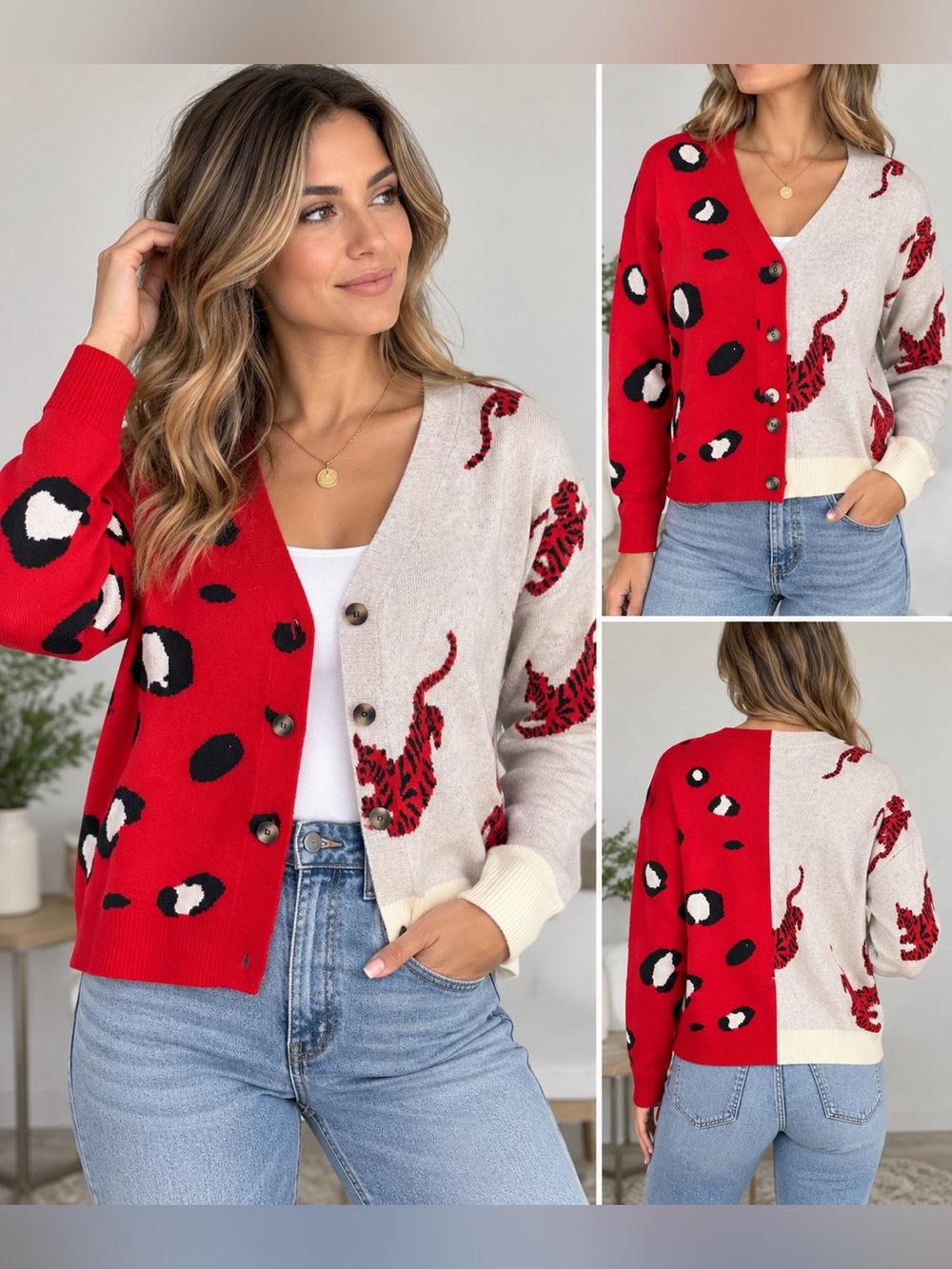 Two-Tone Leopard & Tiger Button Front Cardigan - Red & Cream